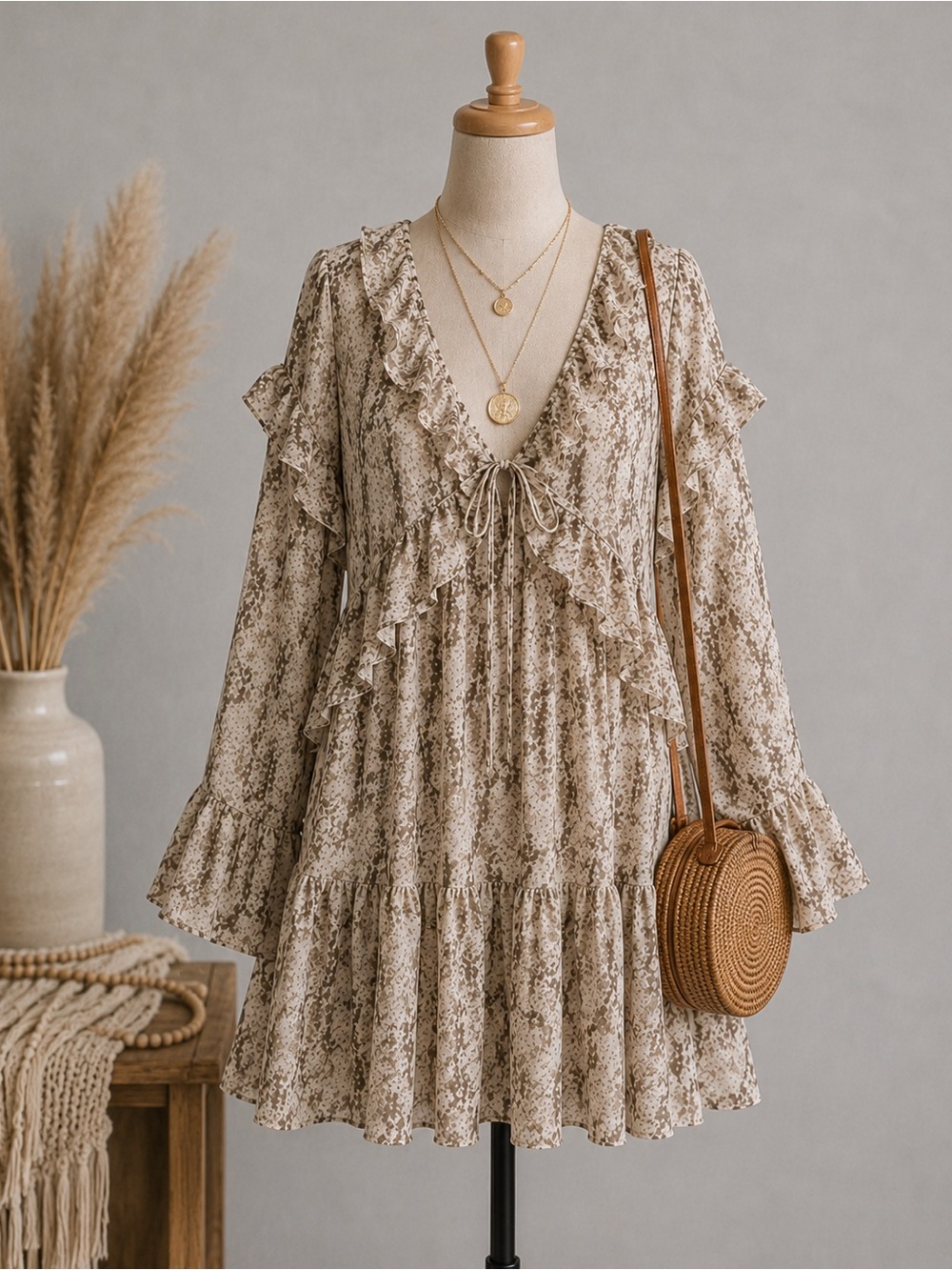 Ruffled Snake Print Blouse Sheer Dress in Beige and Taupe